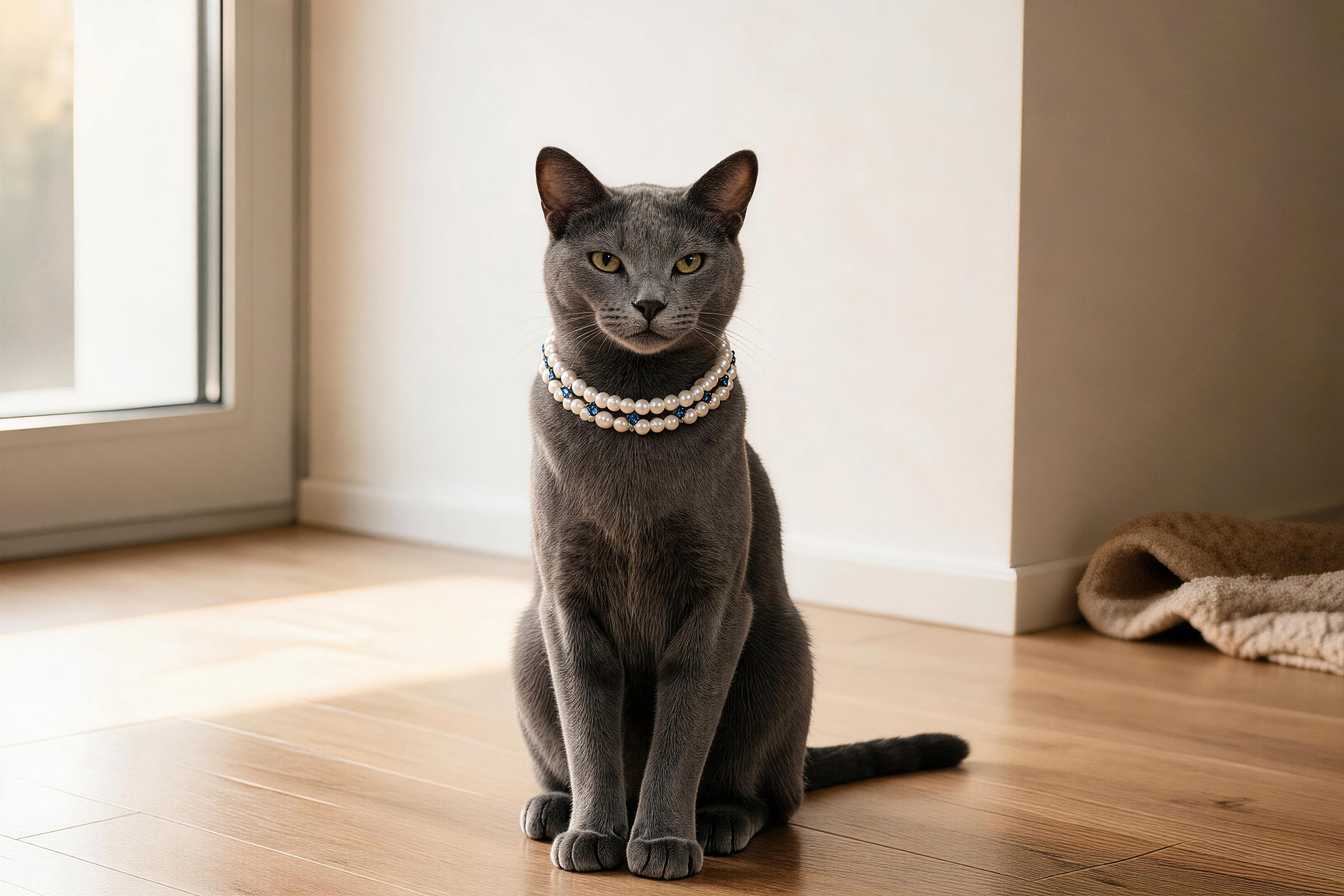 Annapaws blue-grey cat wearing a blue pearl and crystal necklace collar