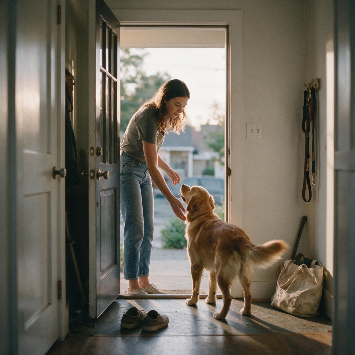 A woman arriving home is greeted by a golden retriever in the doorway