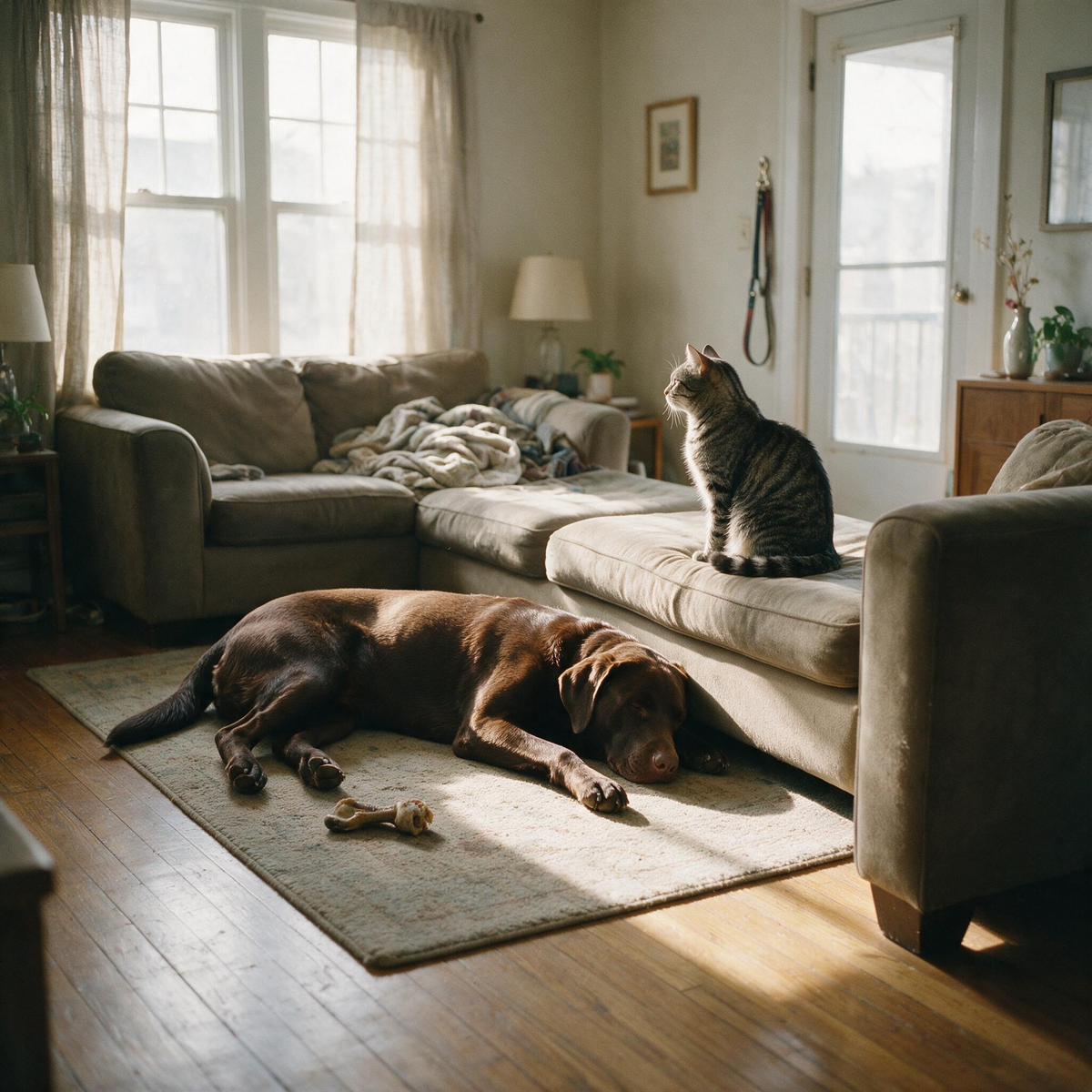 A chocolate Labrador resting on a rug while a tabby cat sits on the sofa