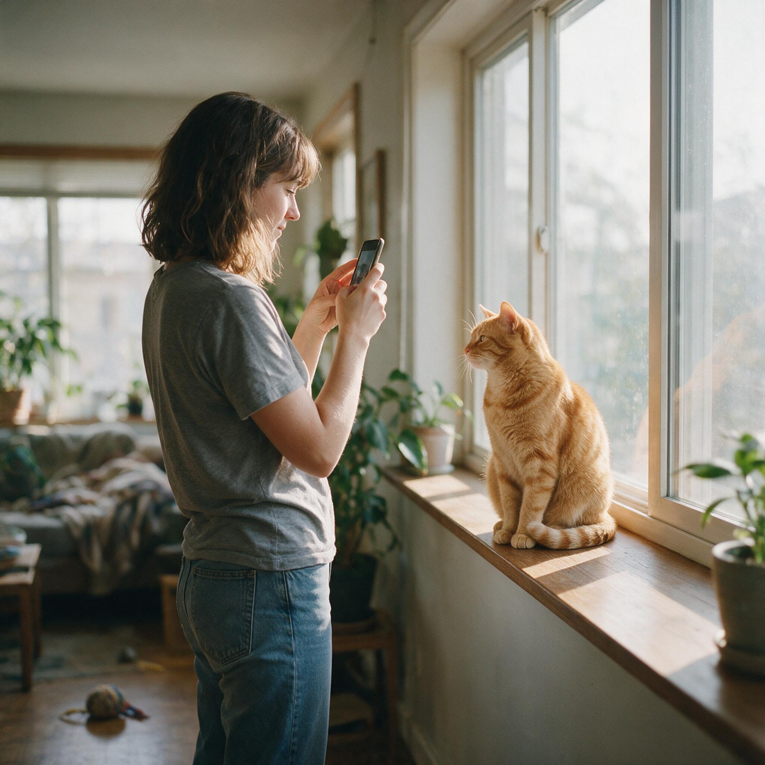 A woman using her phone to photograph an orange cat sitting by a sunny window
