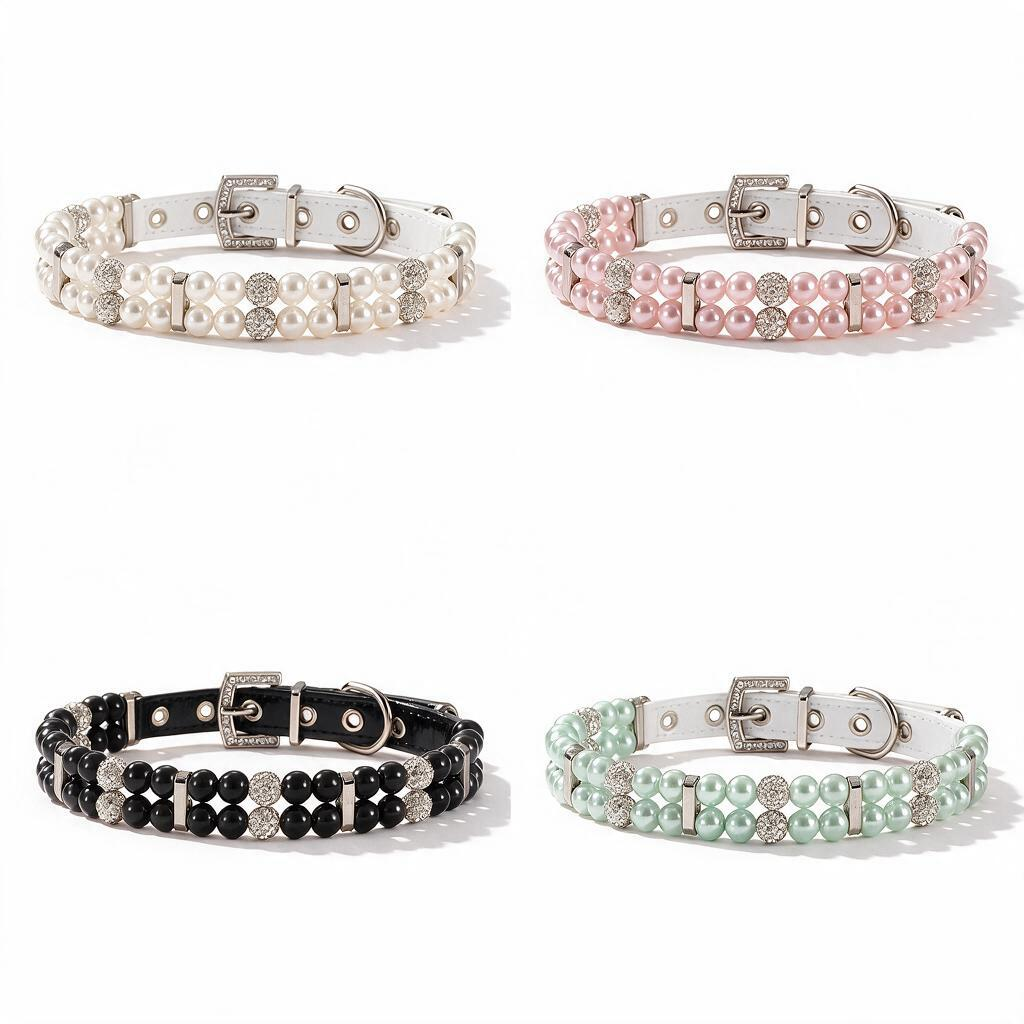 Four colours of pearl and crystal pet collars