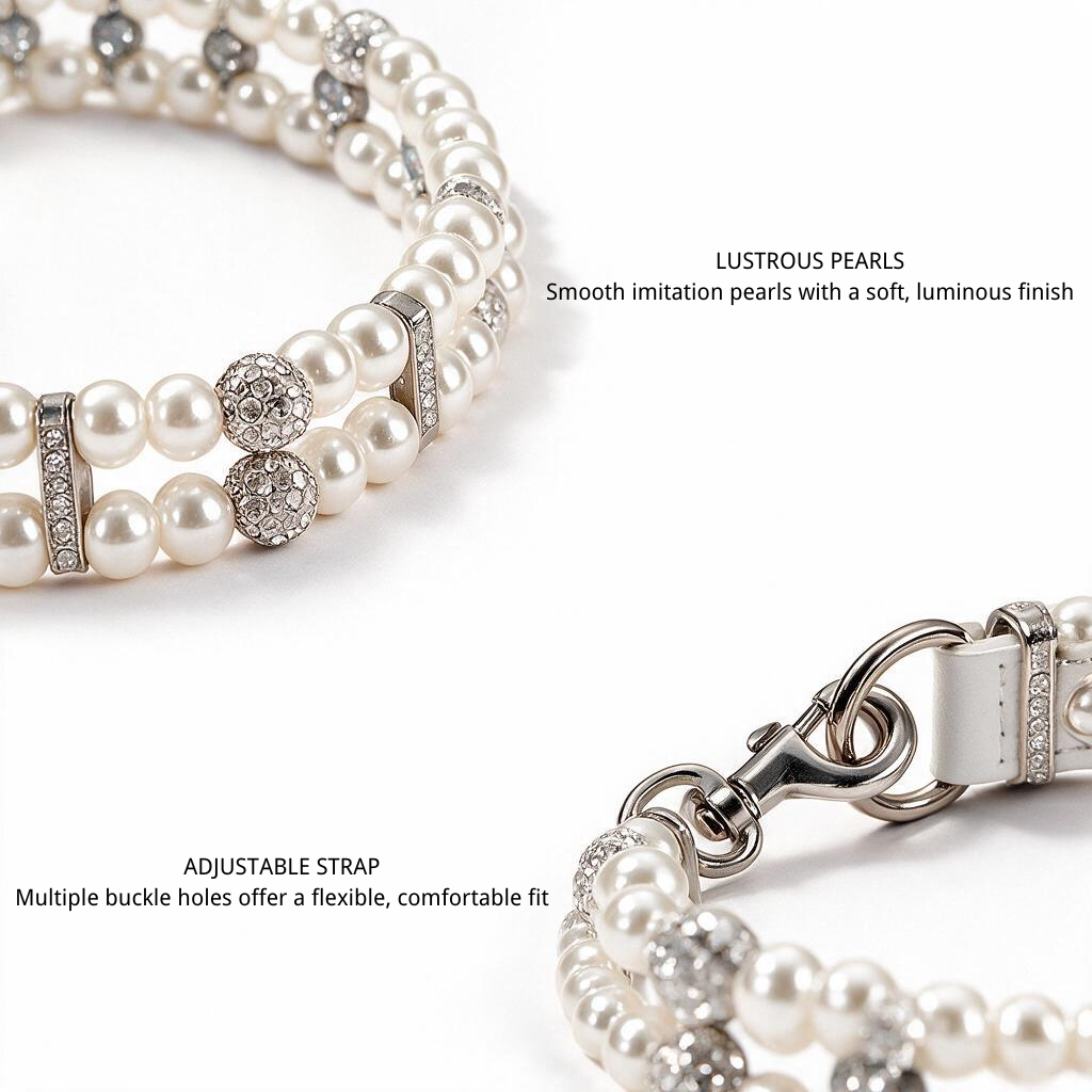 Pearl crystal strap and metal hardware details
