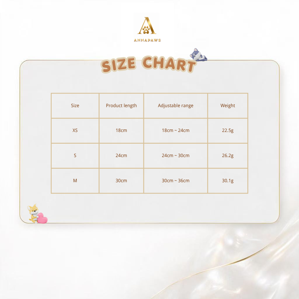 Pearl and crystal cat necklace collar size chart