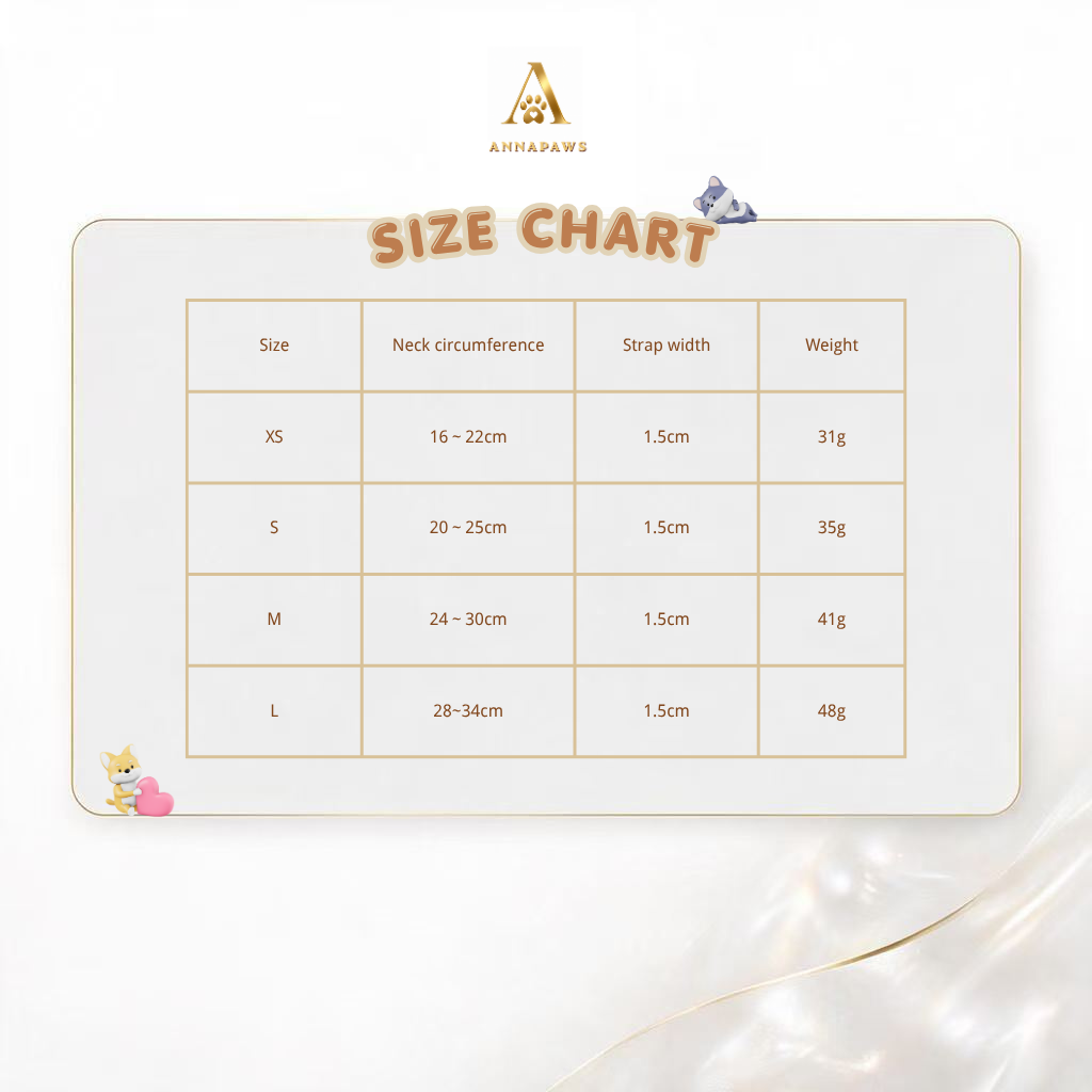 Pearl and crystal pet collar size chart