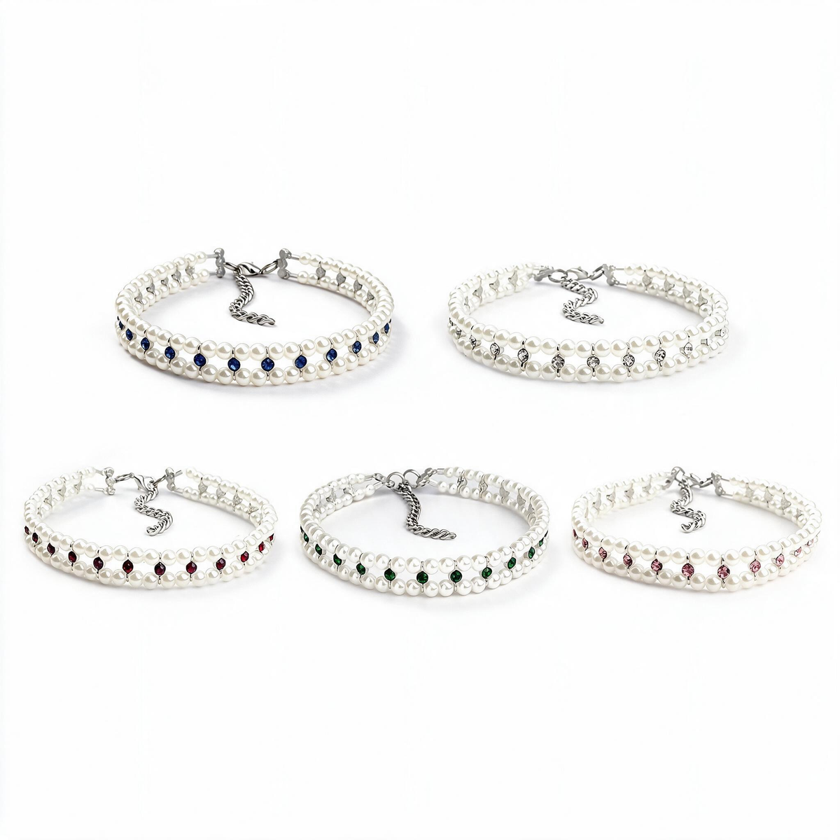 Five colours of pearl and crystal cat necklace collars