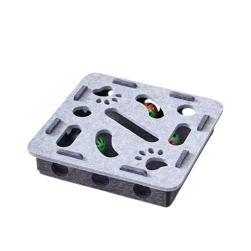 Grey square felt cat puzzle toy with three rattle balls