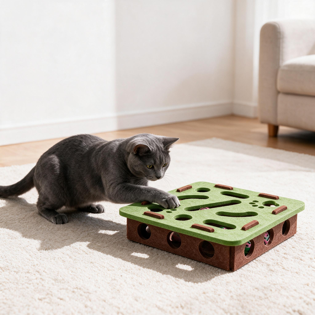 Cat exploring the felt cat puzzle toy from the side