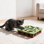 Cat exploring the felt cat puzzle toy from the side