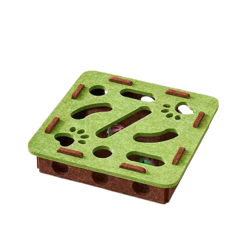 Green square felt cat puzzle toy with three rattle balls