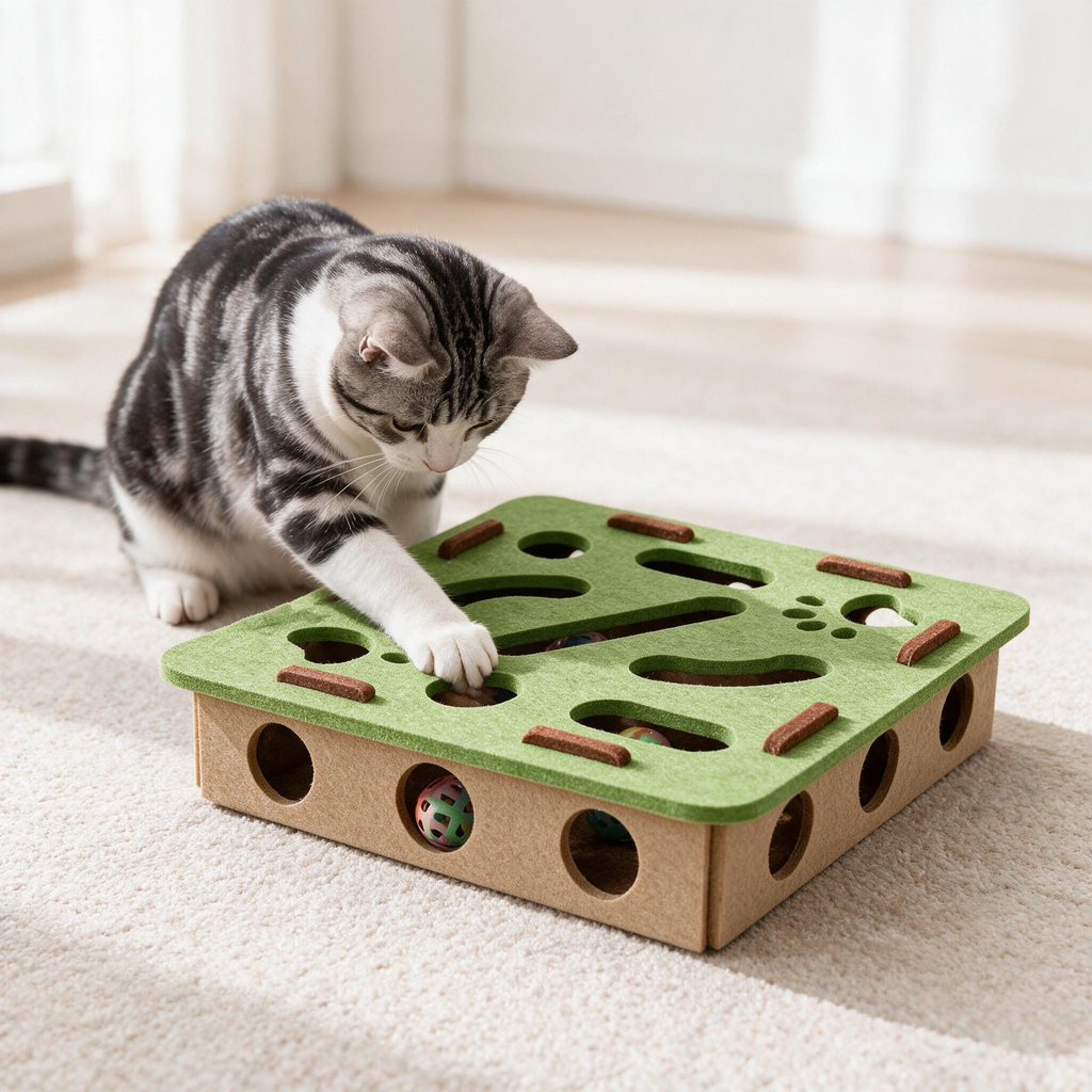 Cat playing with a rattle ball inside the felt puzzle toy
