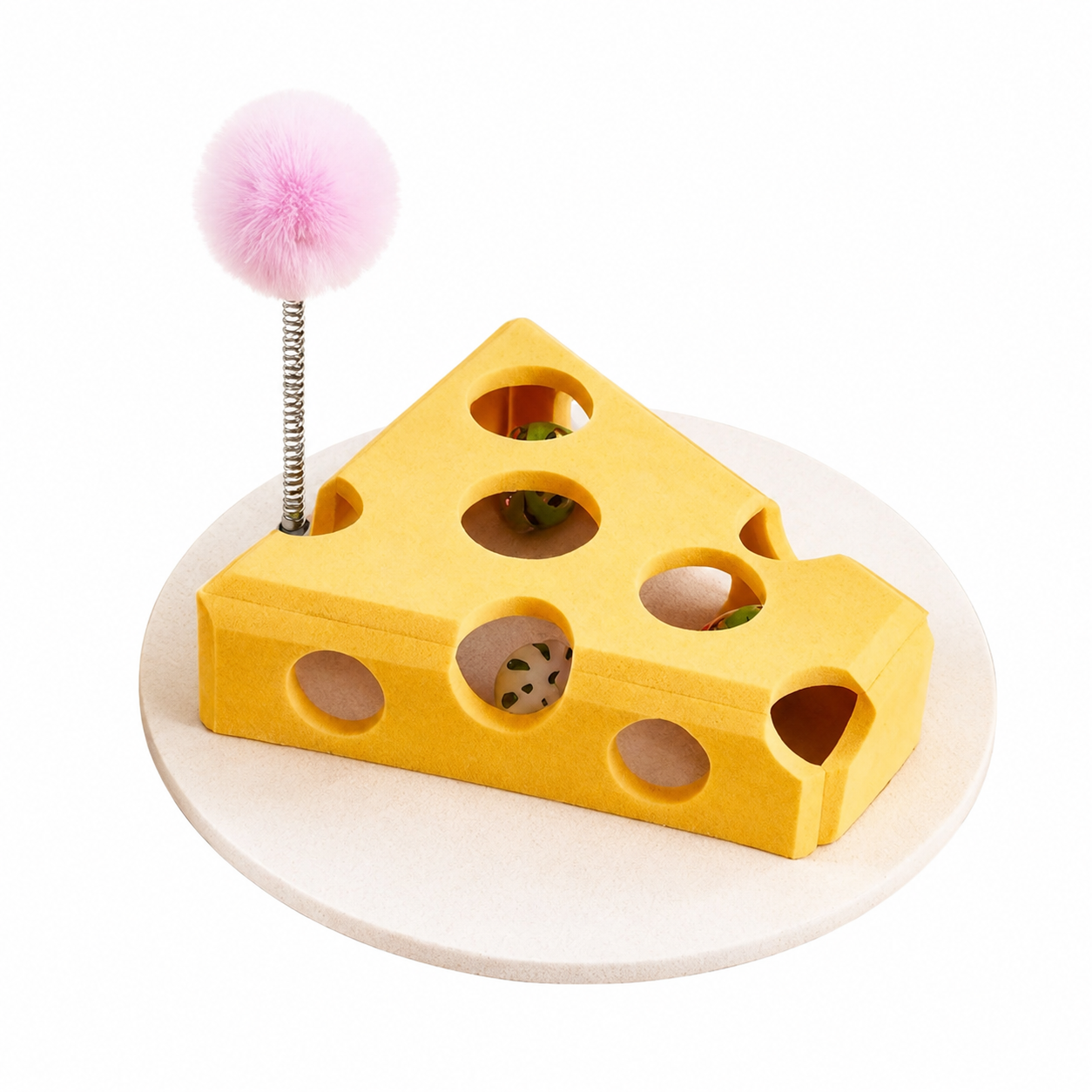 Yellow cheese-shaped felt cat puzzle toy with teaser wand