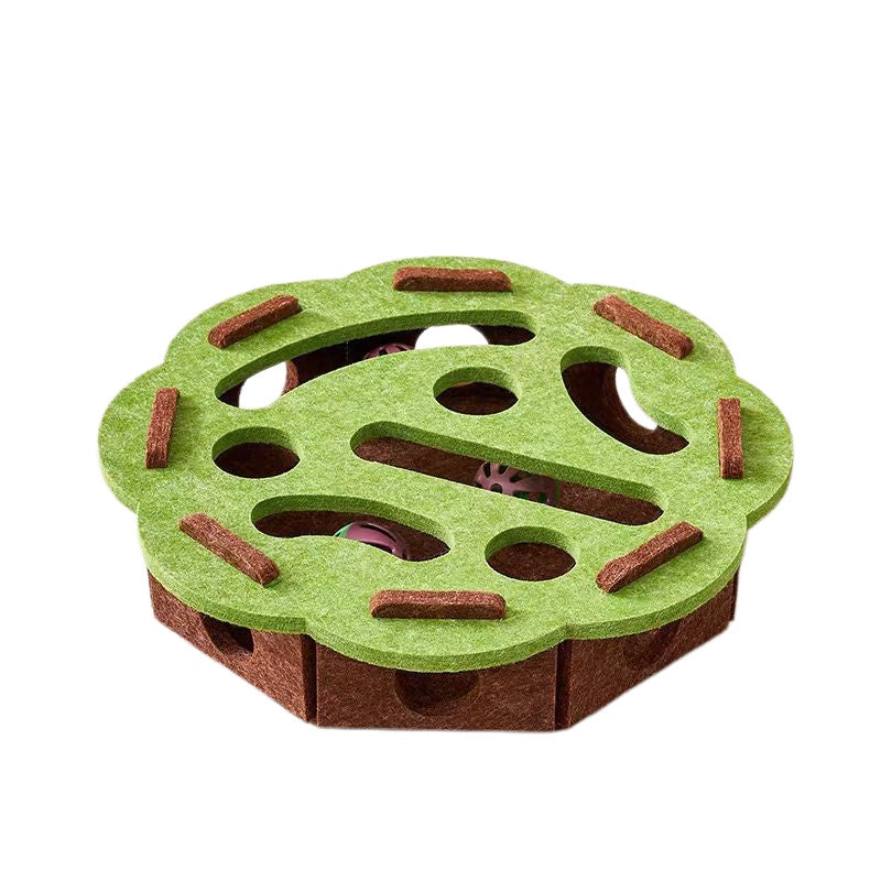 Green flower-shaped felt cat puzzle toy with three rattle balls