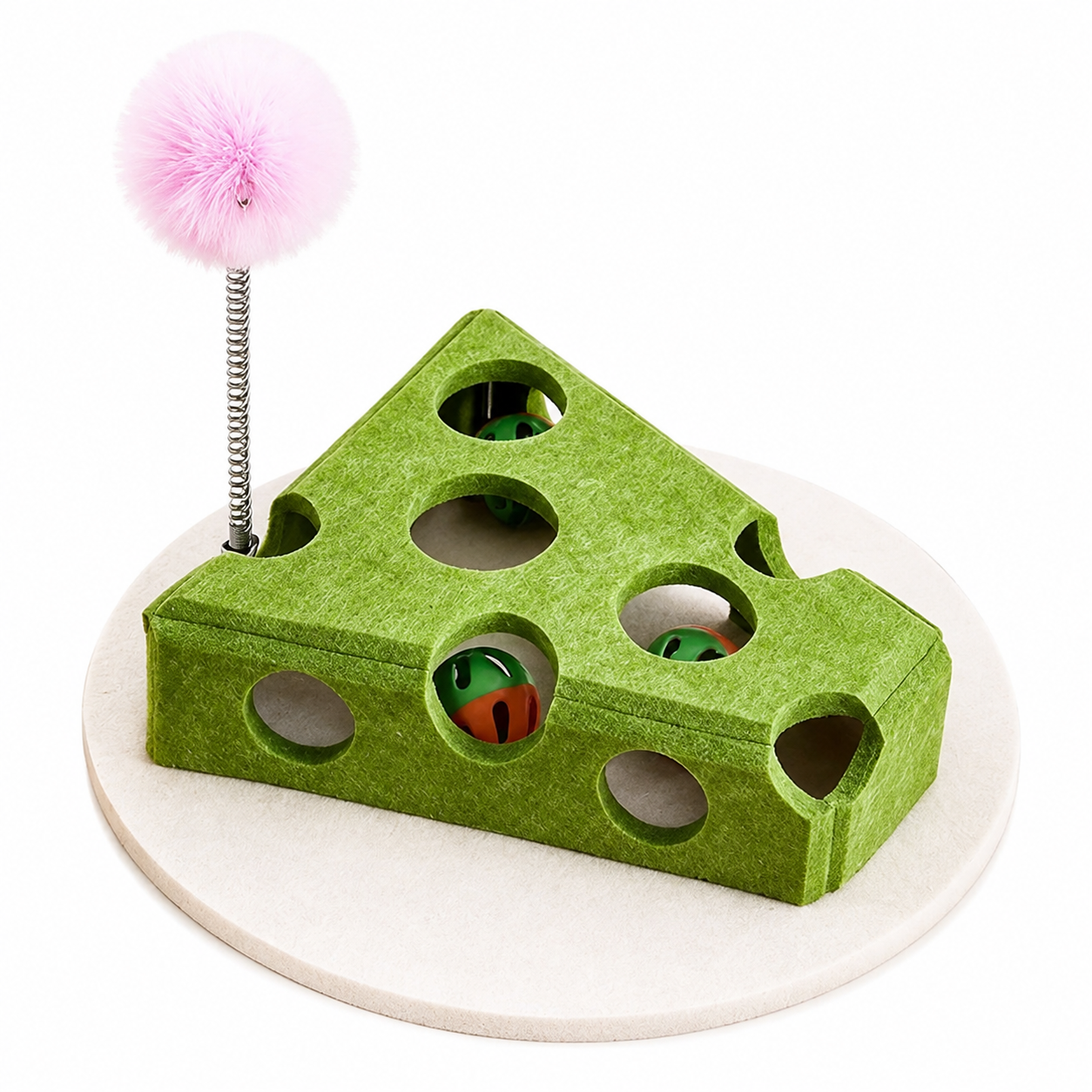 Green cheese-shaped felt cat puzzle toy with teaser wand