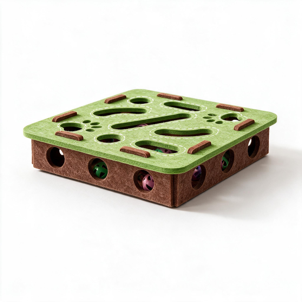 Low-profile felt cat puzzle toy side and top view