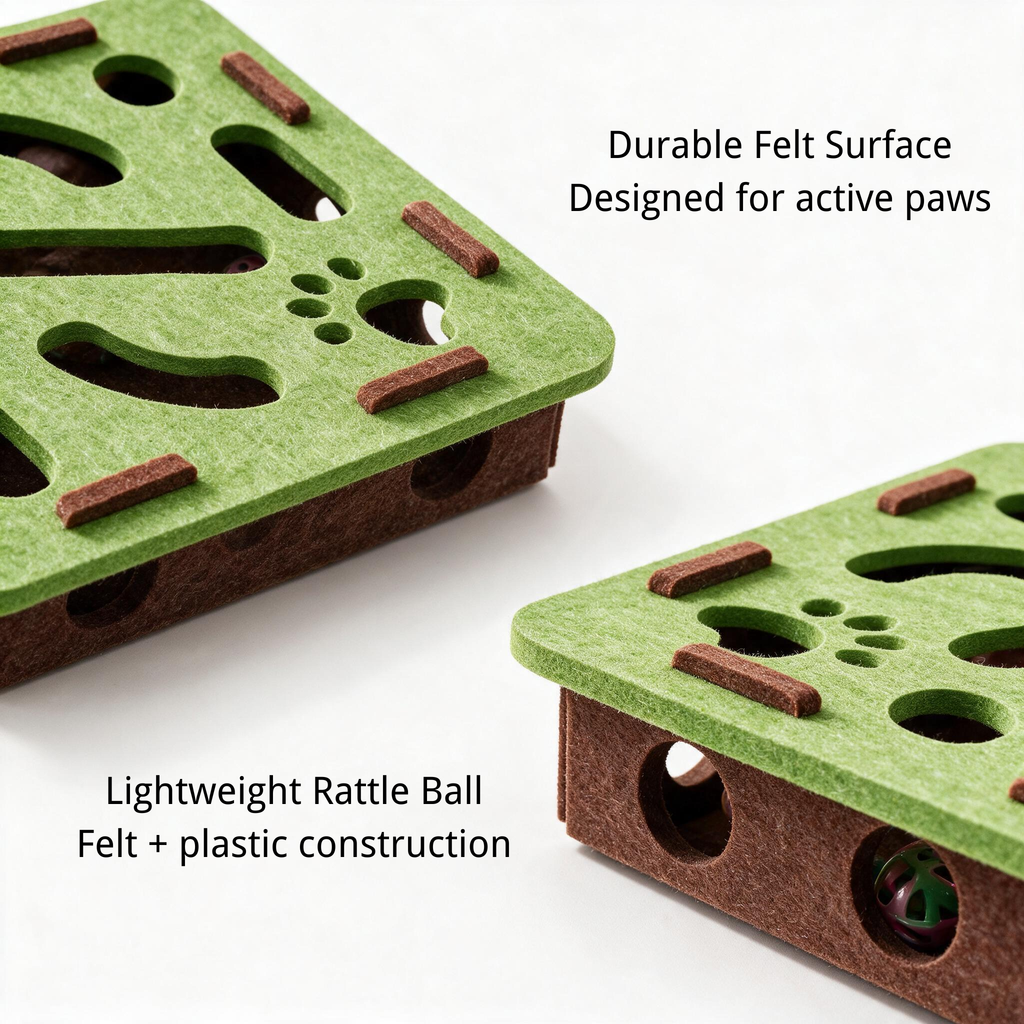 Felt surface and lightweight plastic rattle ball details