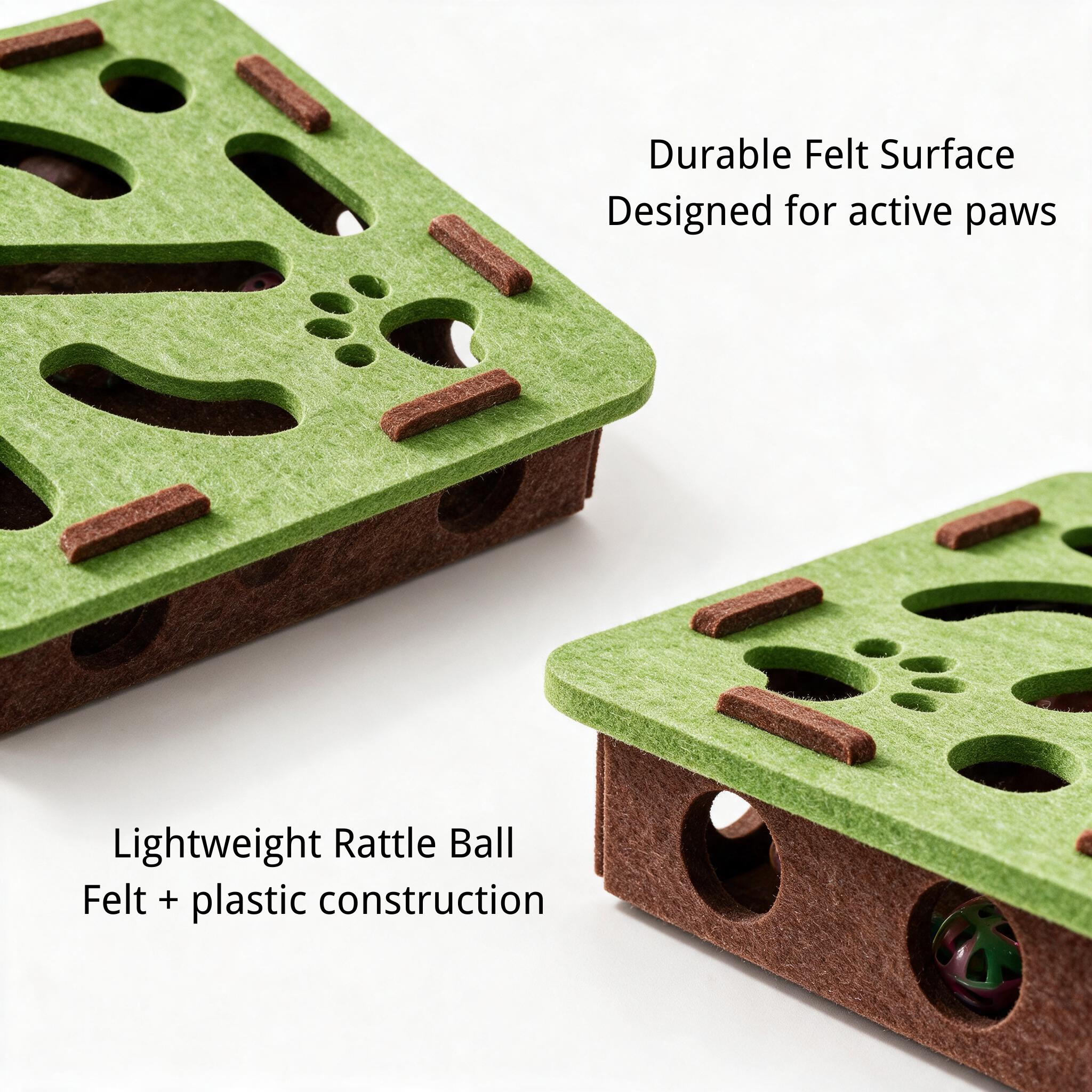 Felt surface and lightweight plastic rattle ball details