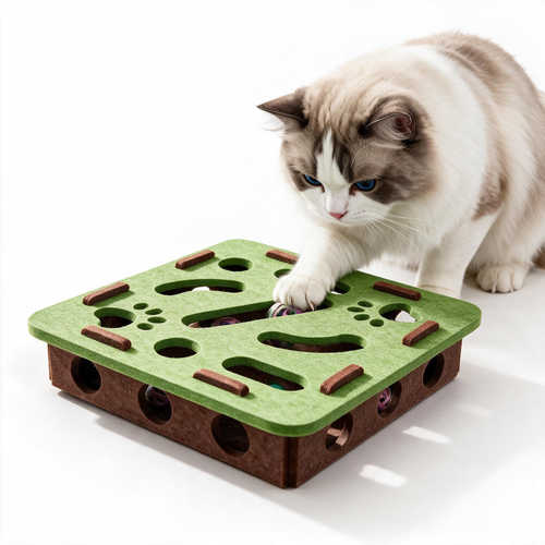 Ragdoll cat playing with the green felt cat puzzle toy