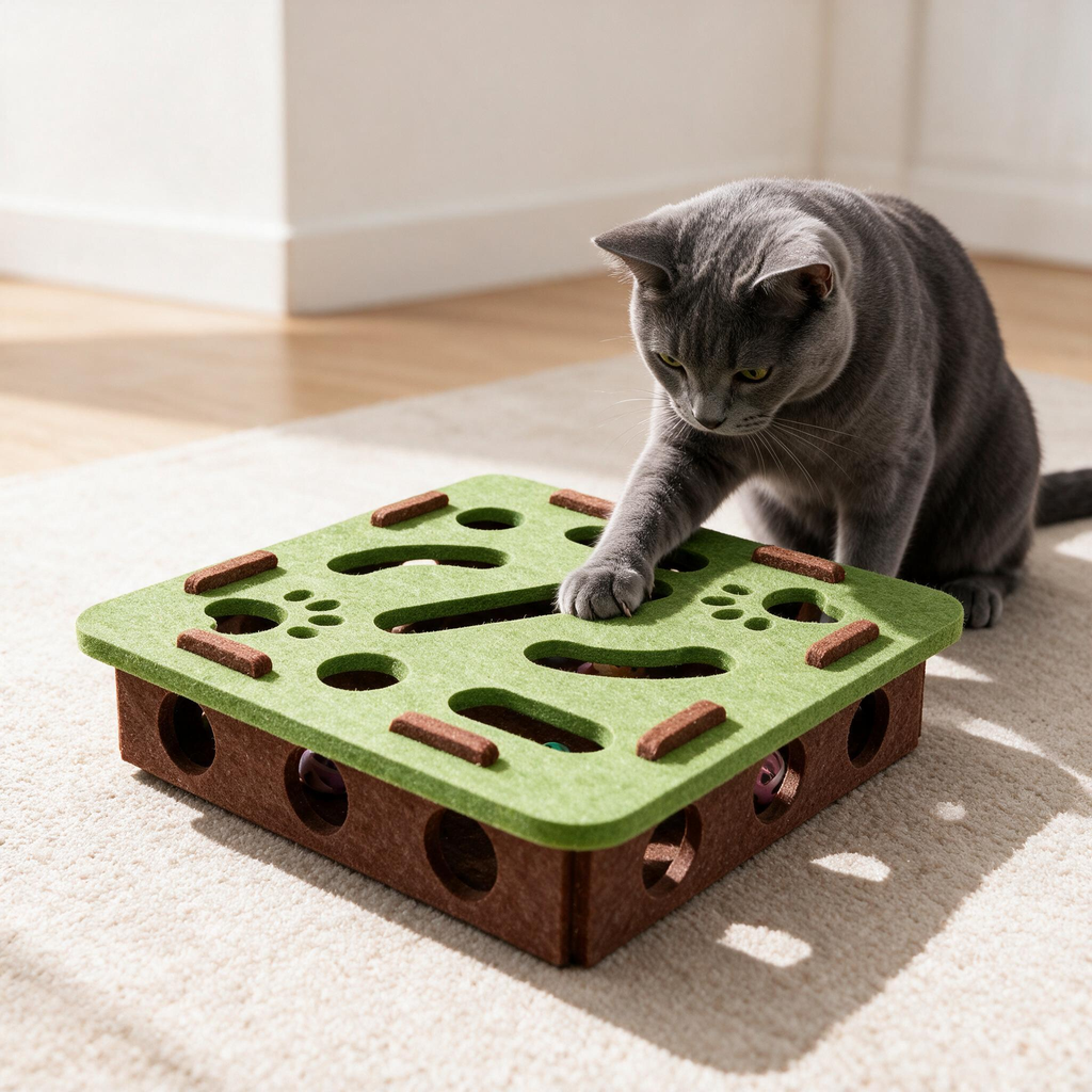 Cat reaching into the green felt puzzle and rattle ball toy