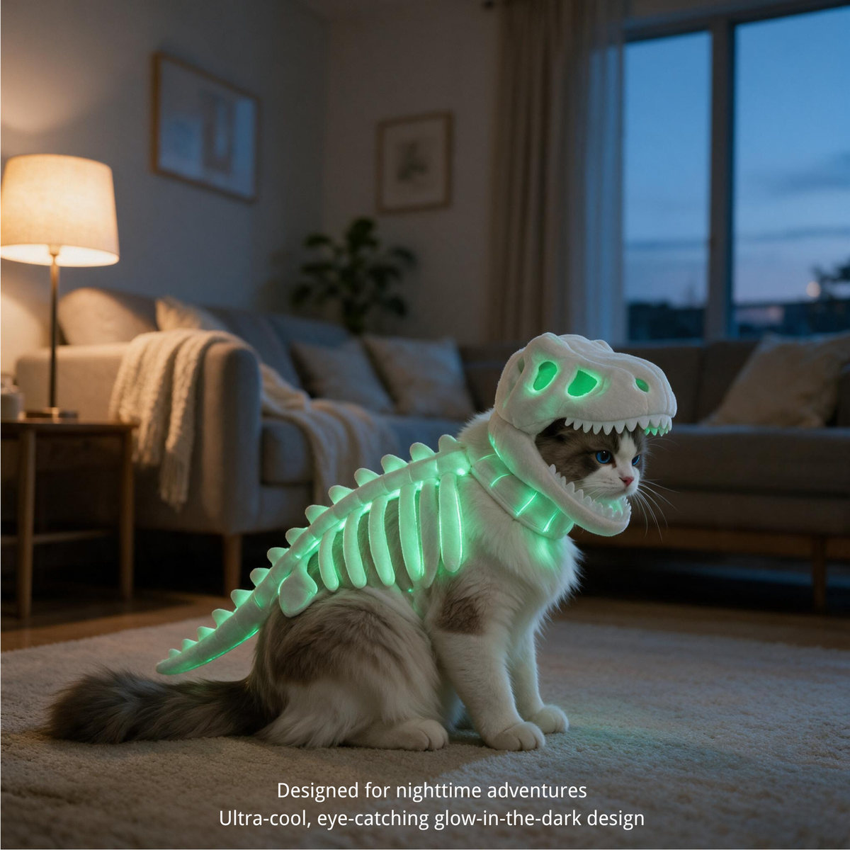 Pet wearing the dinosaur skeleton costume in a second lifestyle scene