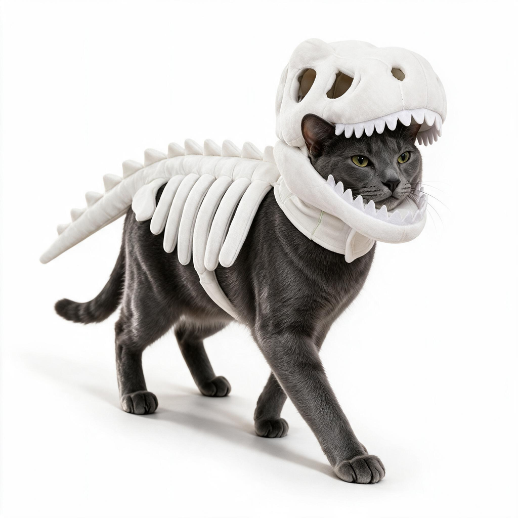 Pet wearing the soft plush dinosaur skeleton costume