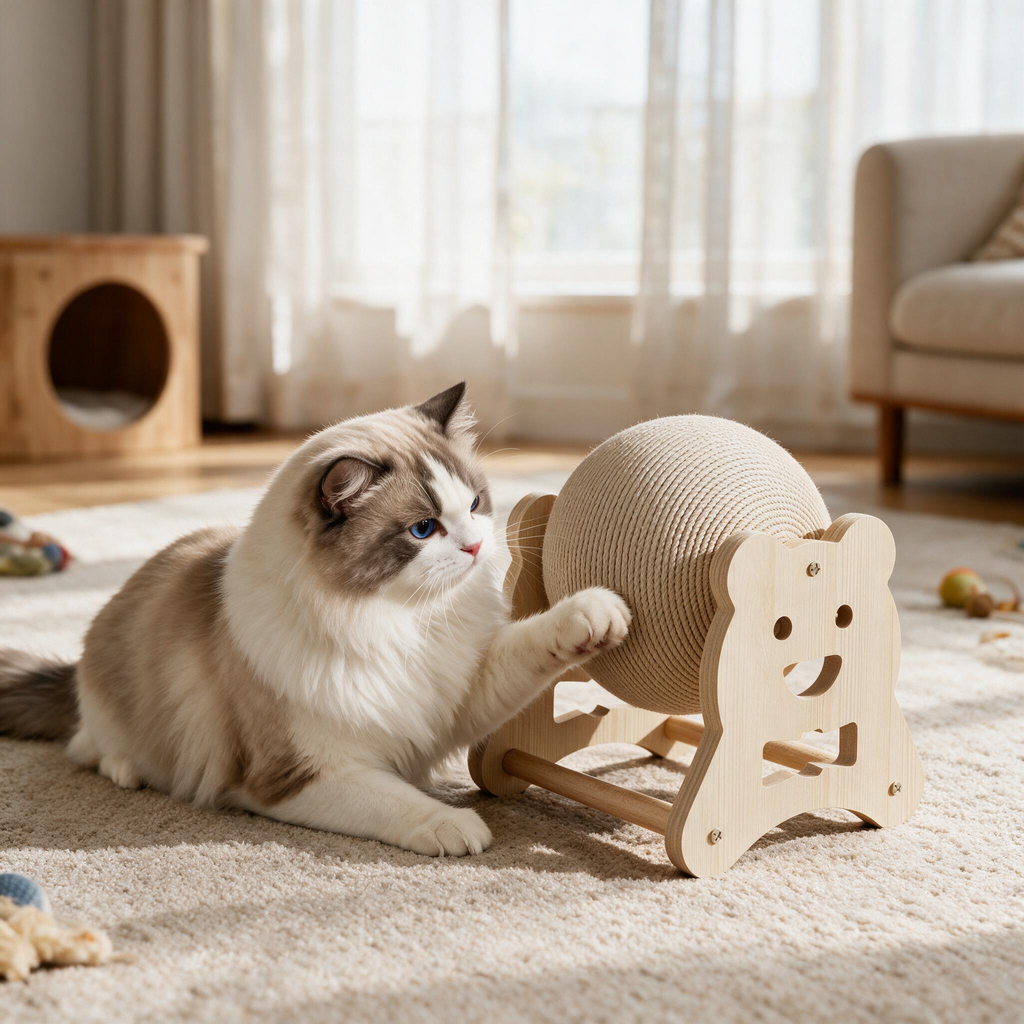 Rotating cat scratcher ball indoor lifestyle scene