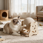 Rotating cat scratcher ball indoor lifestyle scene