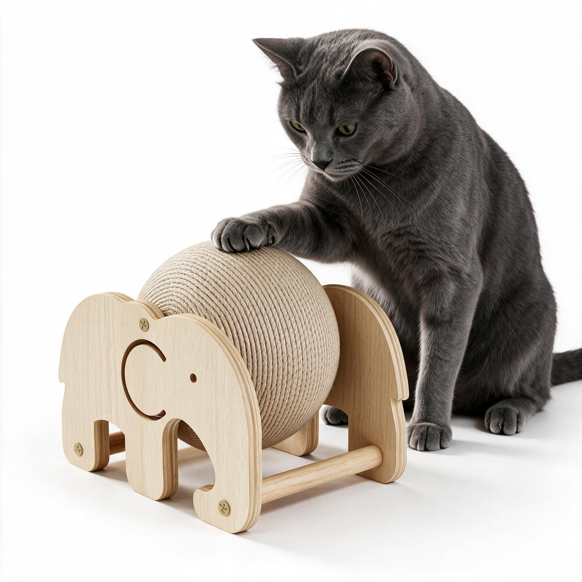 Cat using the Elephant wooden rotating scratcher ball