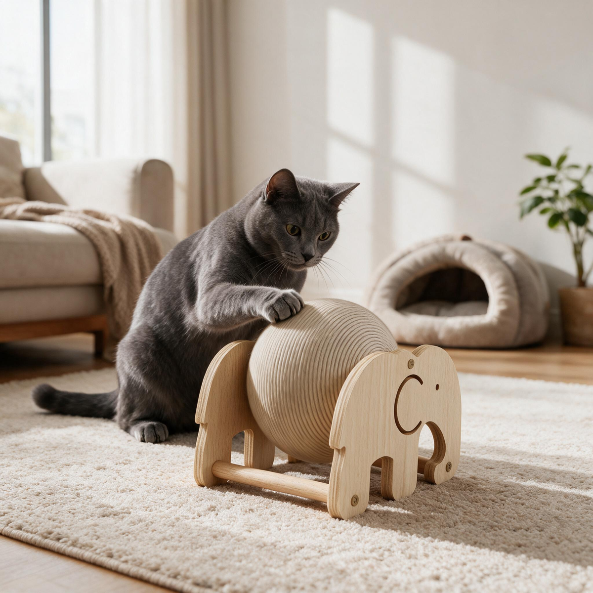 Cat playing with the rotating scratcher ball