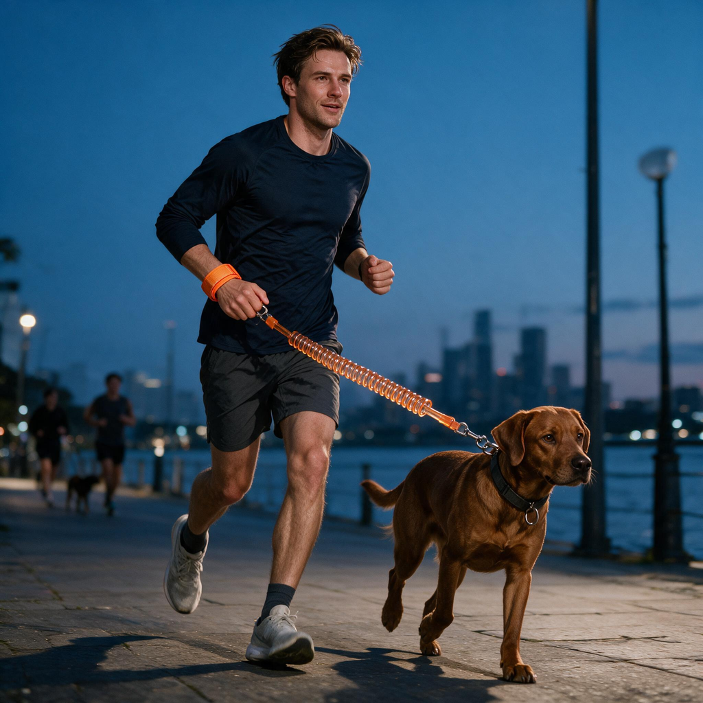 Reflective coiled wrist leash used during an evening walk