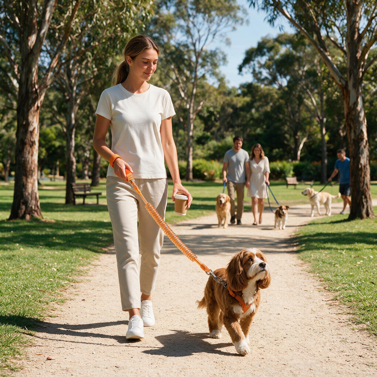 Coiled wrist dog leash in an outdoor walking scene