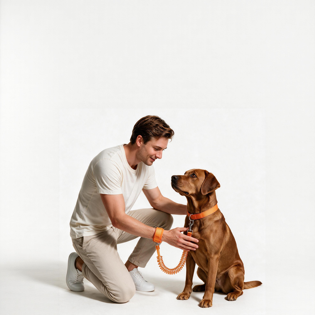 Man interacting with a dog using the Annapaws coiled wrist leash