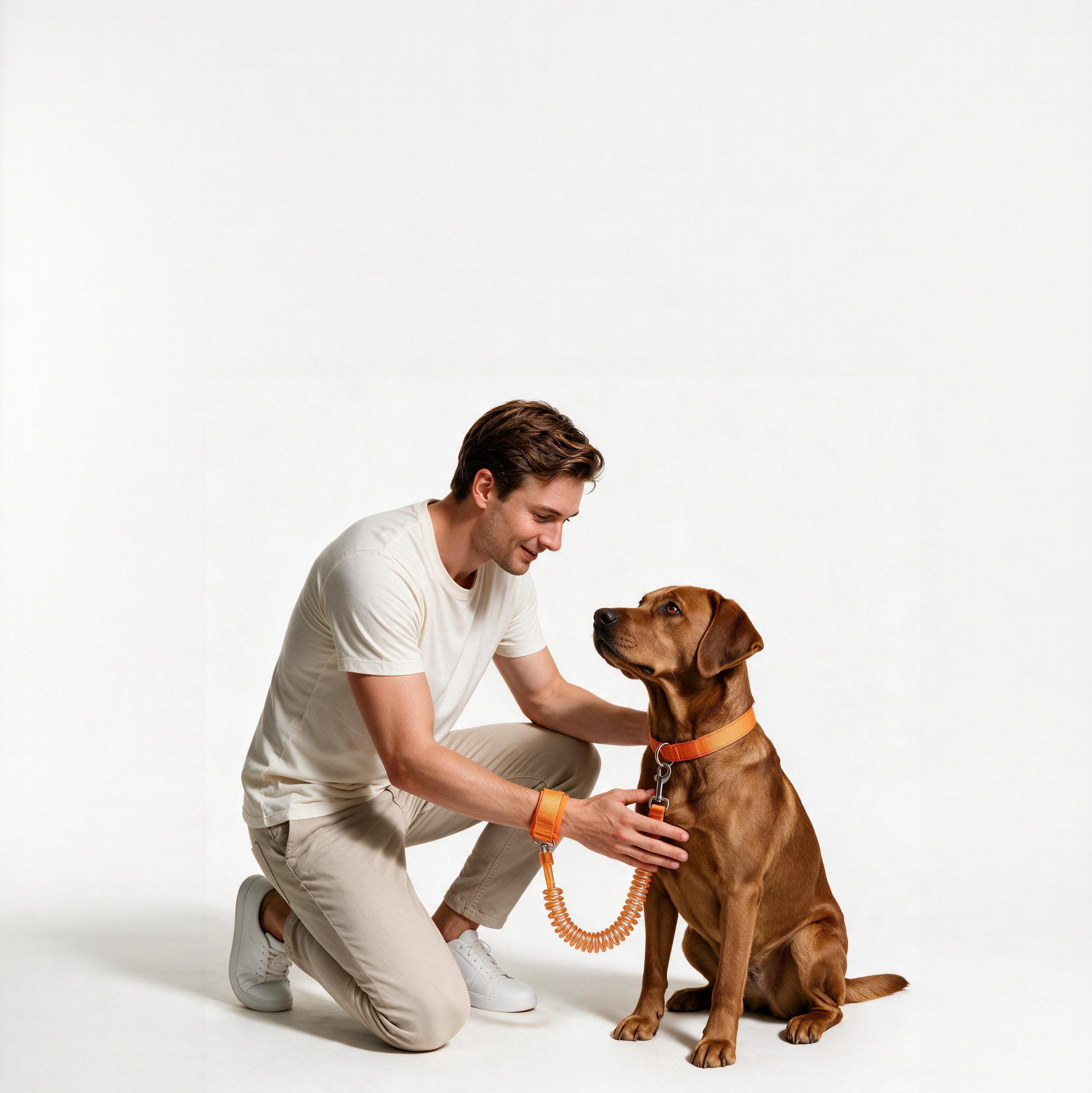 Man interacting with a dog using the Annapaws coiled wrist leash