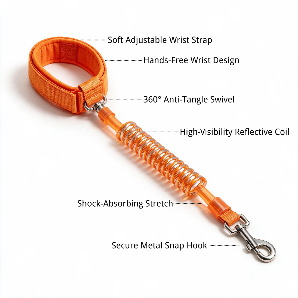 Coiled wrist leash key feature layout