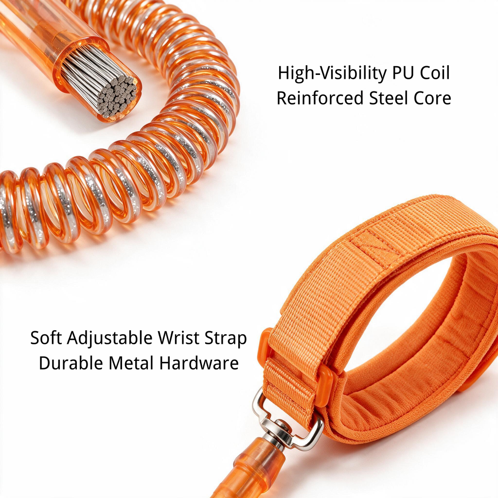 High visibility PU coil steel core wrist strap and metal hardware