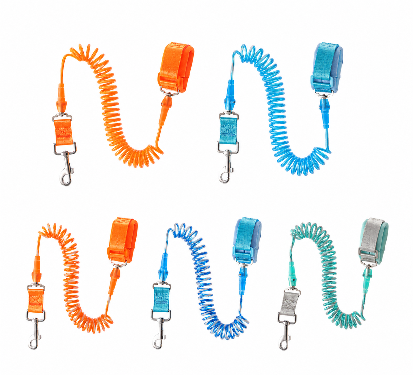 Five colour and finish options of the coiled wrist dog leash