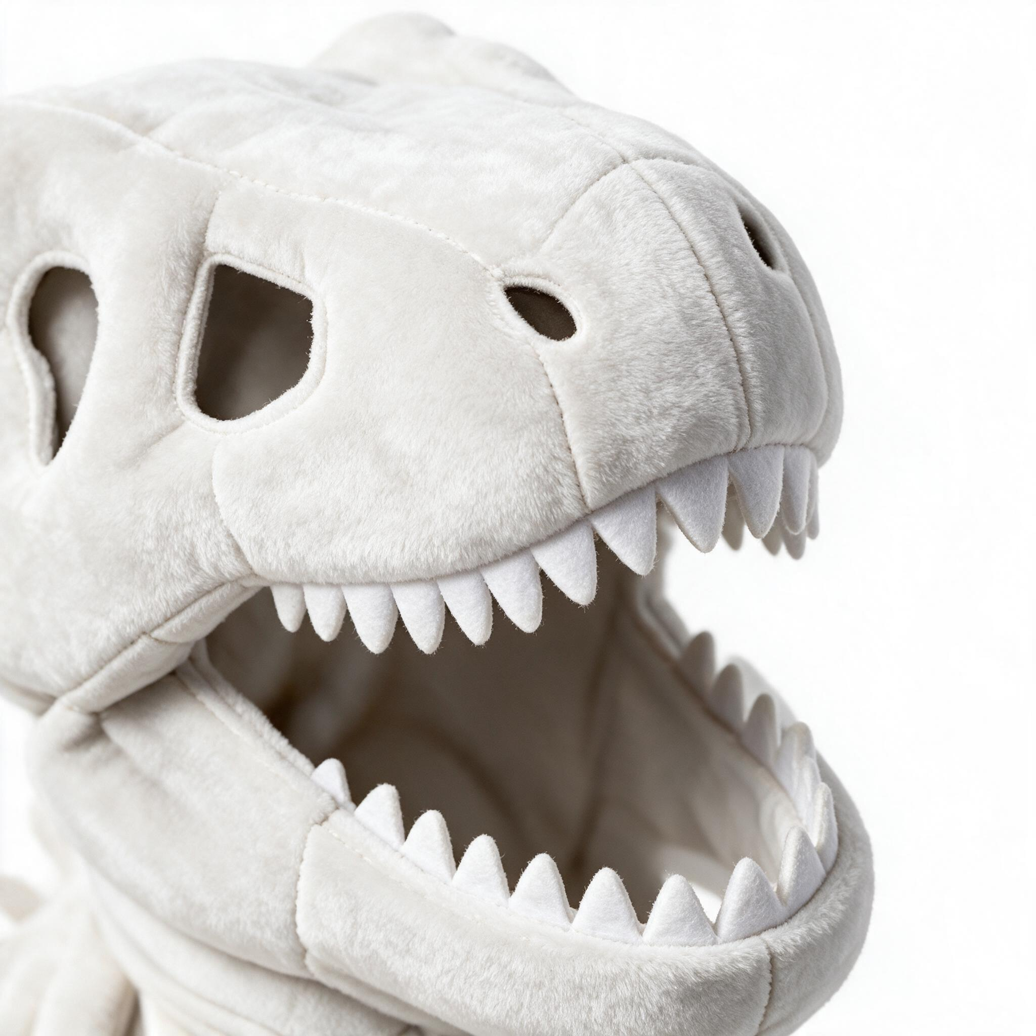 Dinosaur skull hood and soft fabric teeth detail