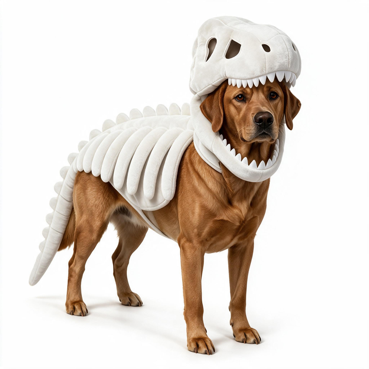 Pet wearing the soft plush dinosaur skeleton costume
