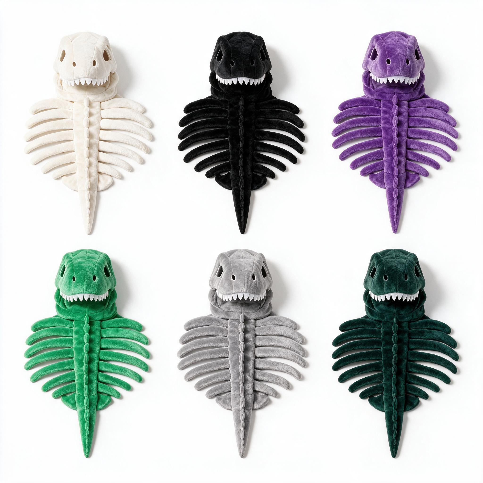 Available colours of the soft plush dinosaur skeleton costume