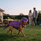 Pet wearing the dinosaur skeleton costume in a second lifestyle scene