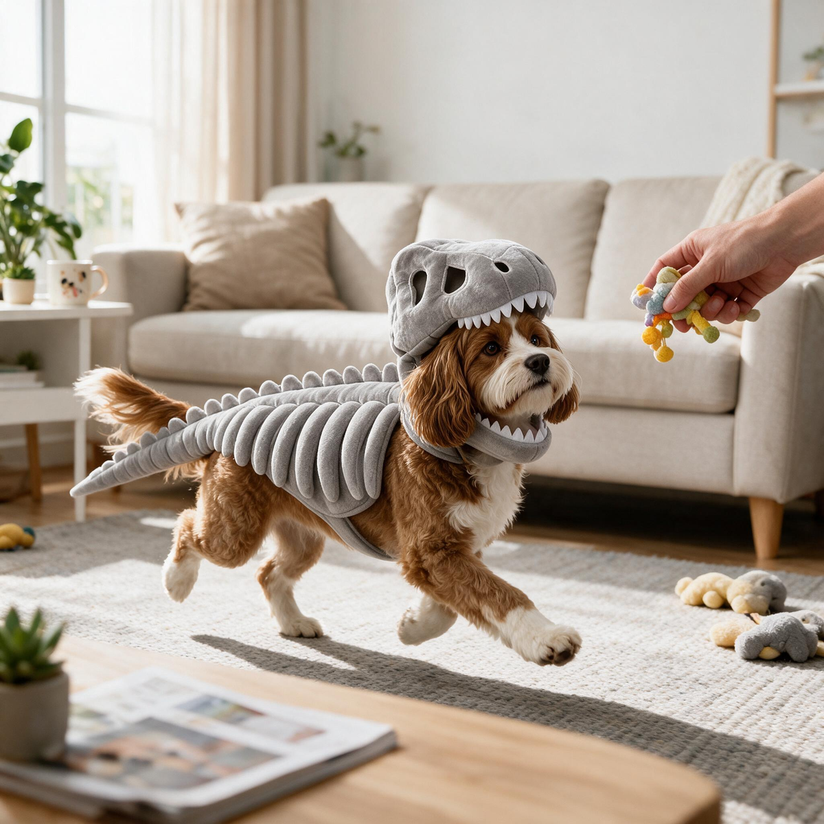 Dinosaur skeleton pet costume lifestyle scene