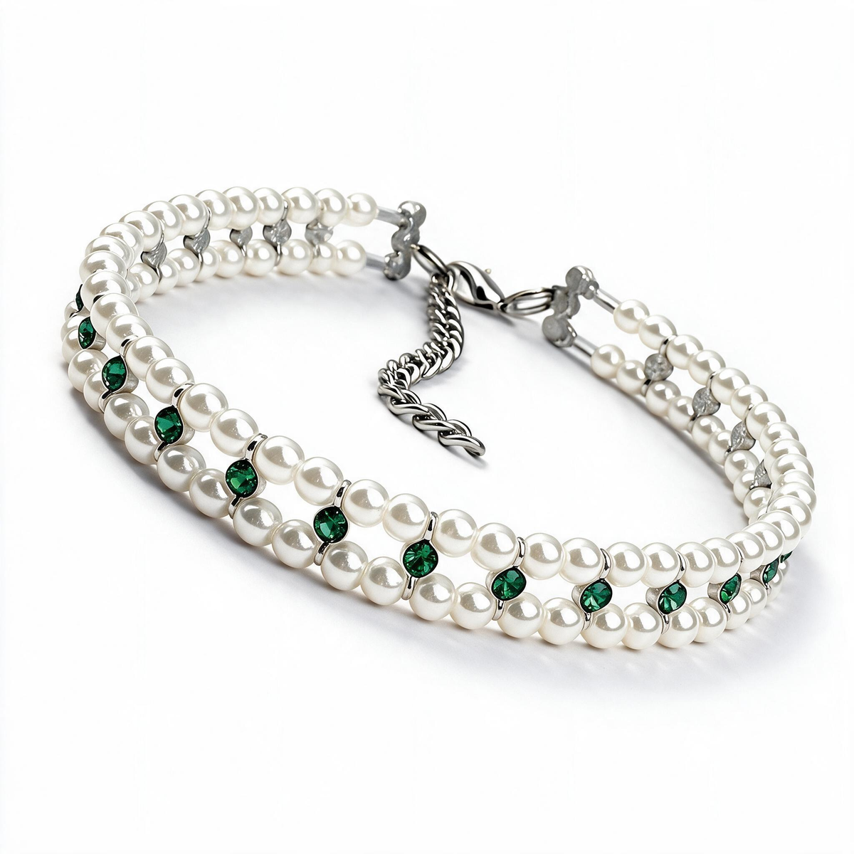 Green pearl and crystal cat necklace collar