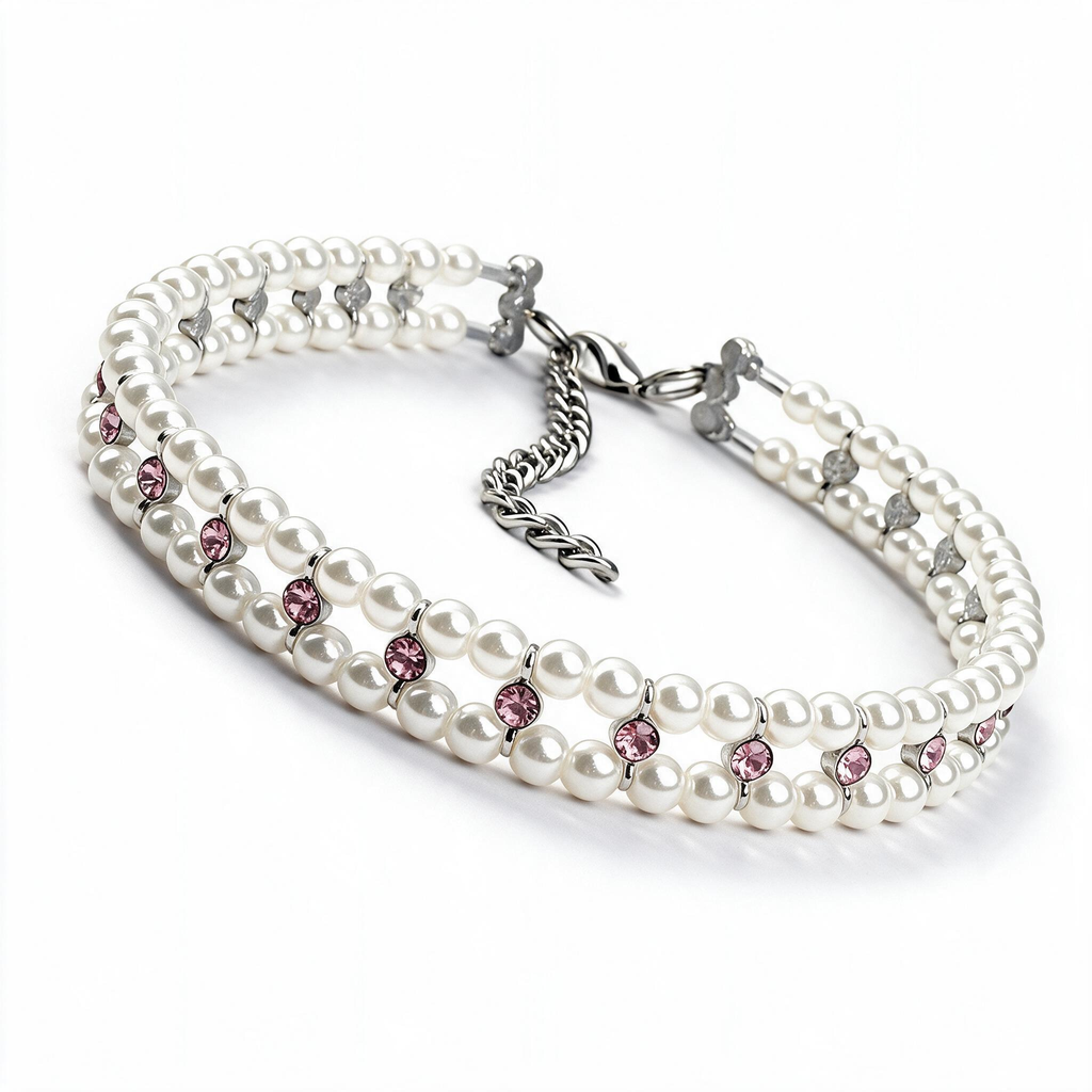 Pink pearl and crystal cat necklace collar