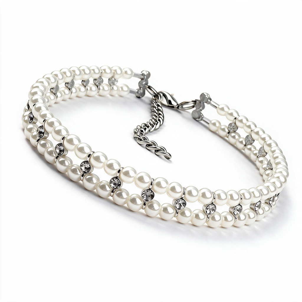 Clear pearl and crystal cat necklace collar