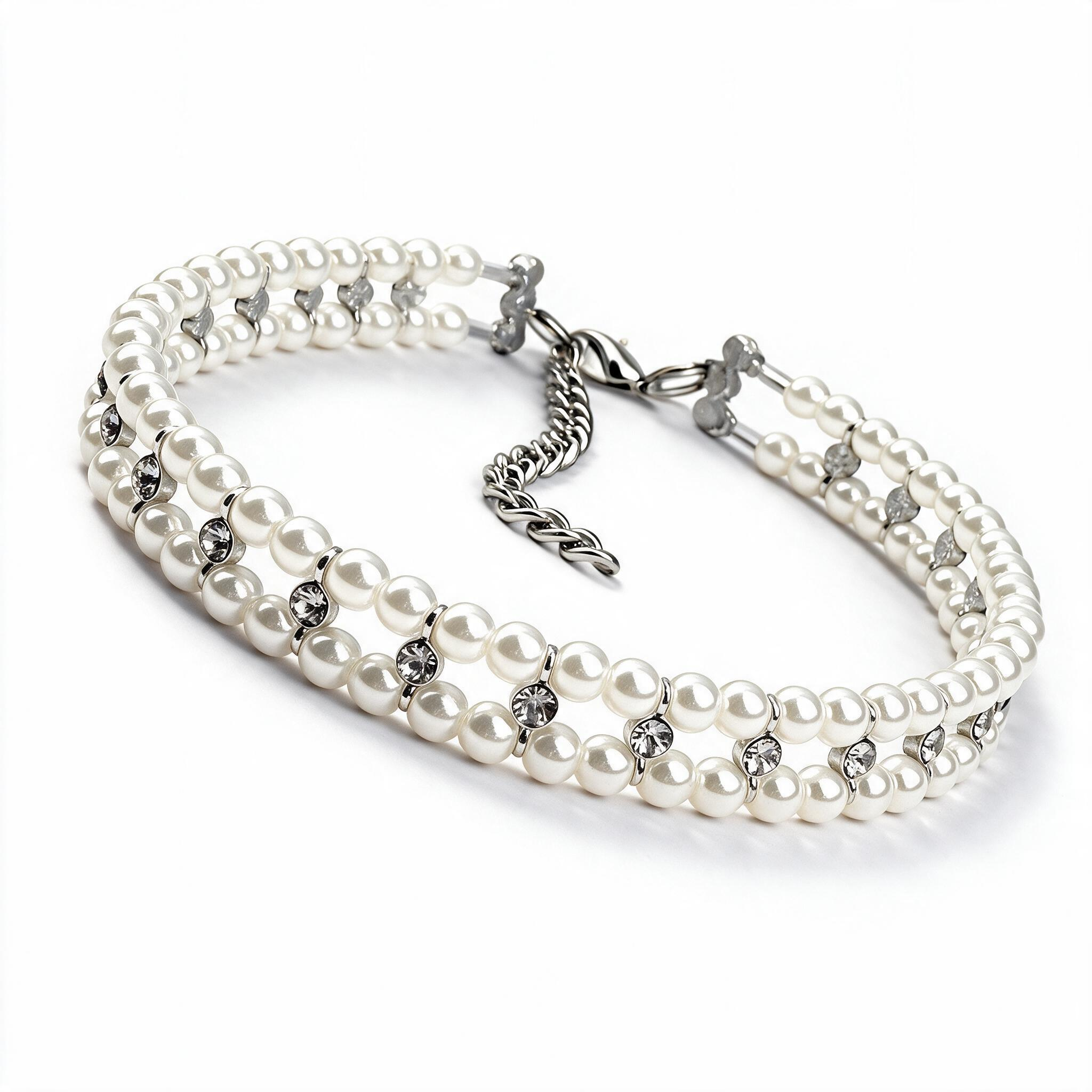Clear pearl and crystal cat necklace collar
