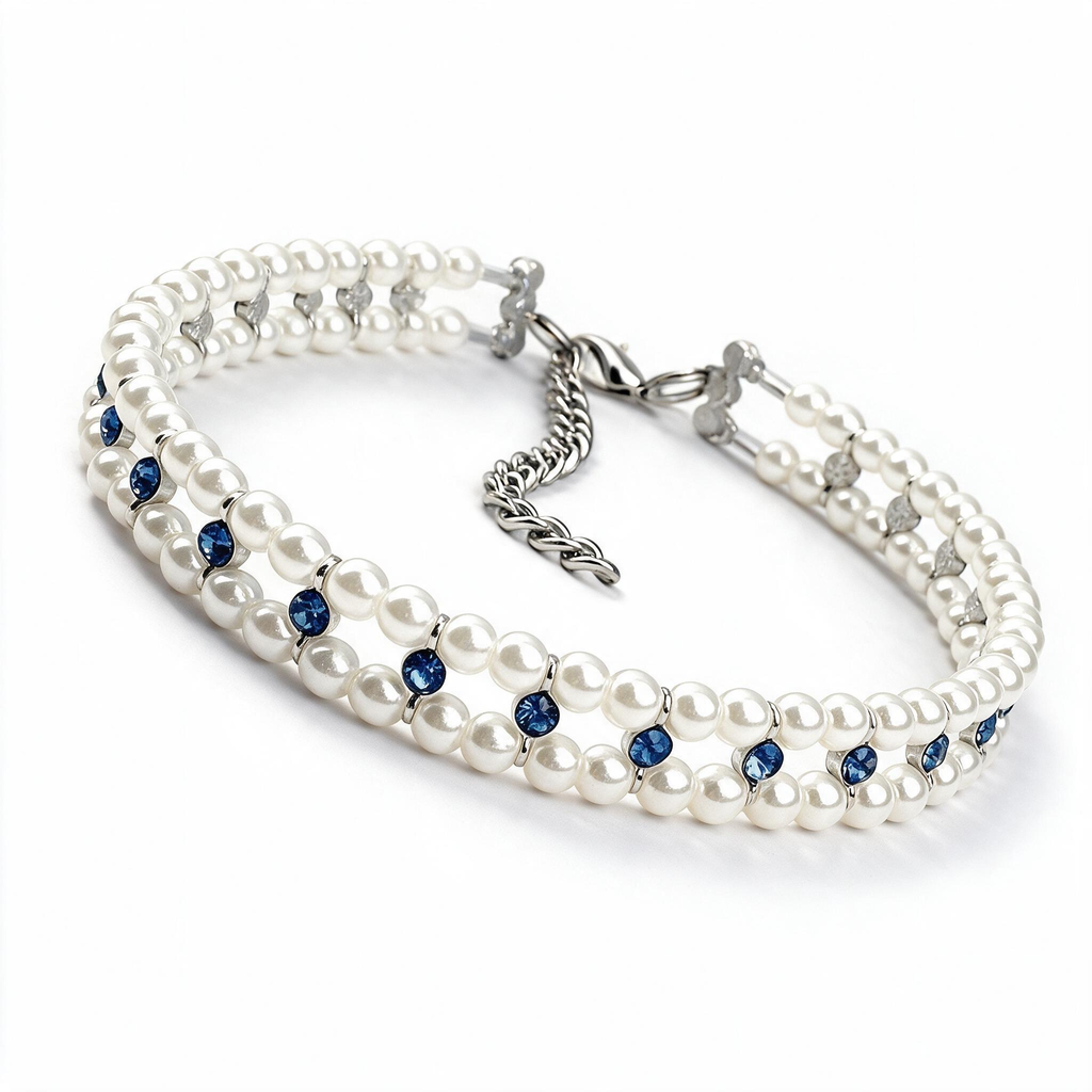 Blue pearl and crystal cat necklace collar