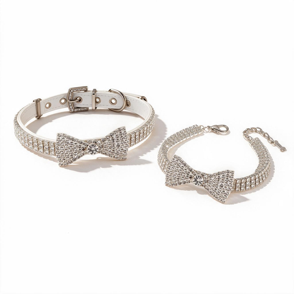 Annapaws crystal bow pet collar and necklace set