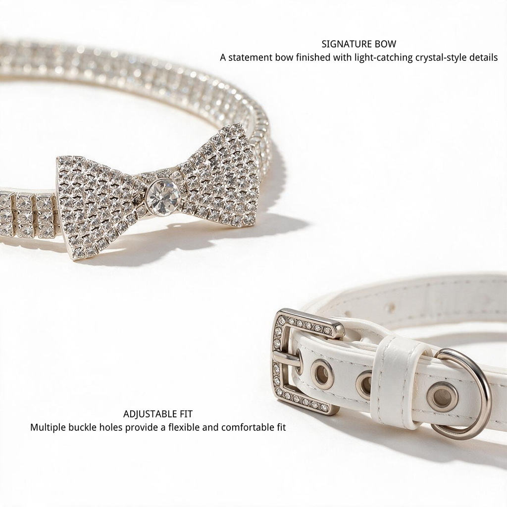 Crystal bow and adjustable collar details