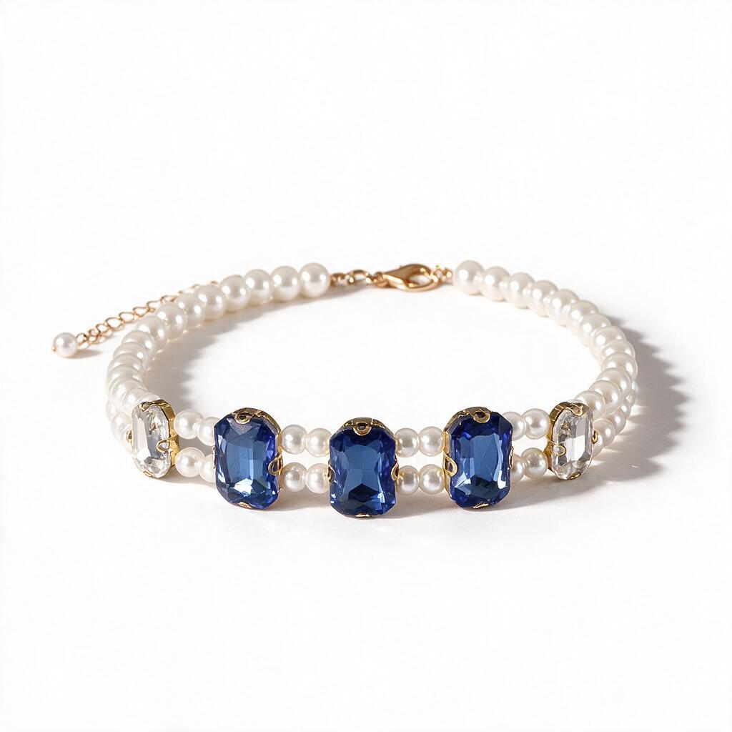 Blue square-cut crystal and pearl pet necklace