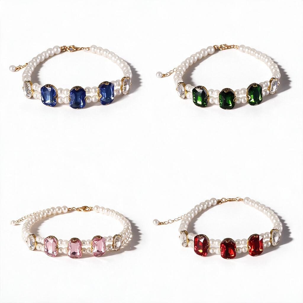 Four colours of square-cut crystal pearl pet necklaces