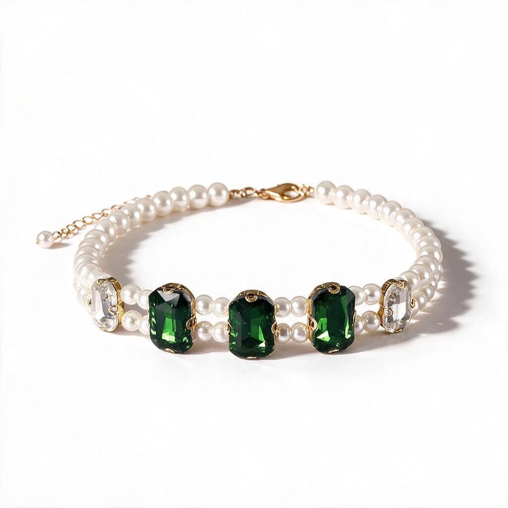 Green square-cut crystal and pearl pet necklace